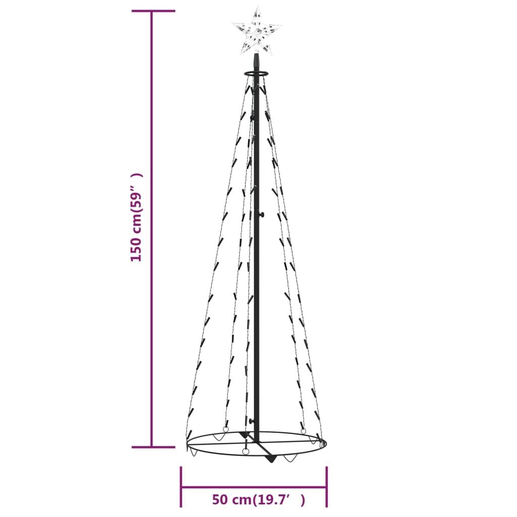 84-inch tall Christmas cone tree with 84 cold white LEDs, star topper, and 50 cm base.