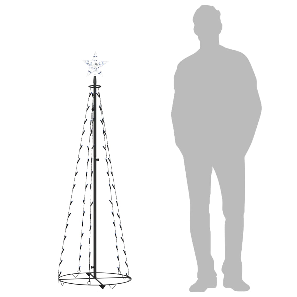 Blue LED Christmas cone tree with 84 lights, star topper, and human for scale.