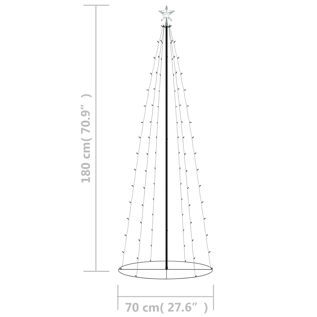 180cm tall Christmas cone tree with 100 warm white LEDs and a star top.