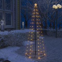 A 6-foot tall lighted Christmas cone tree with 100 warm white LEDs and a star top, on a snowy outdoor patio.
