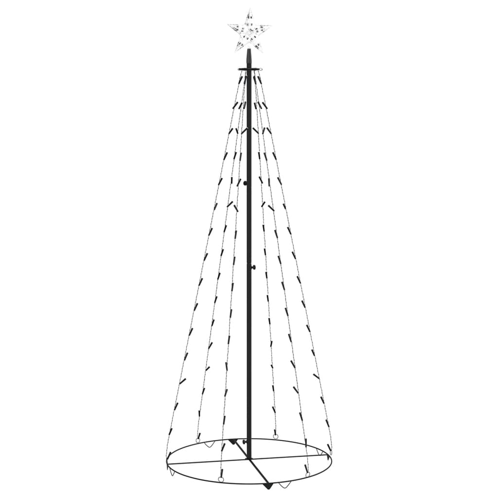 A 6-foot tall black metal Christmas cone tree with 100 cold white LEDs and a star topper.