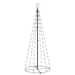 A 6-foot tall black metal Christmas cone tree with 100 cold white LEDs and a star topper.