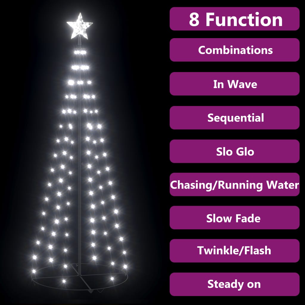 2x6 ft Bostome Christmas cone tree with 100 cold white LEDs and 8 light functions.