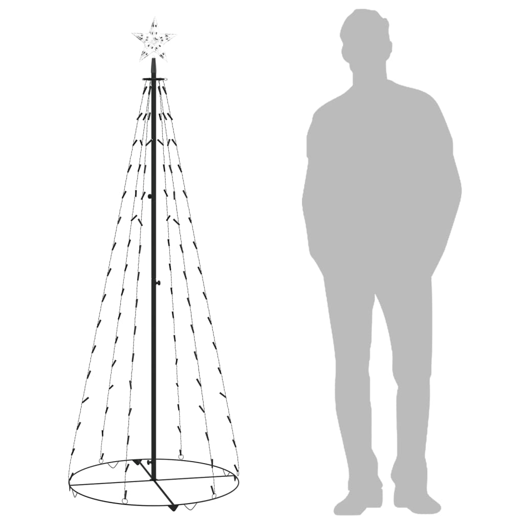 A 6 ft tall cone-shaped Christmas tree with 100 cold white LEDs, shown next to a 6 ft man for scale.