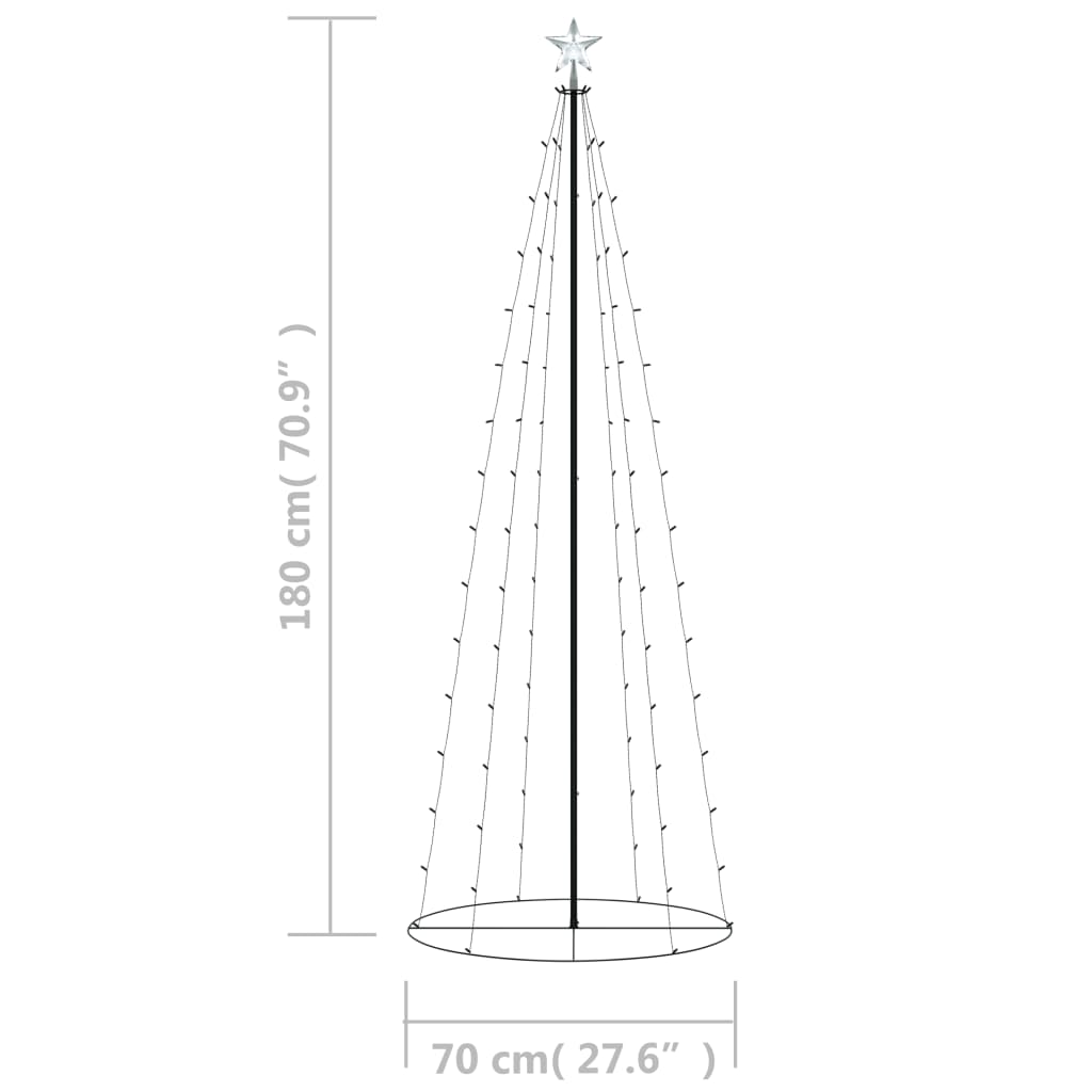 Metal cone Christmas tree with 100 cold white LED lights, 2x6 ft, with star topper and base ring.