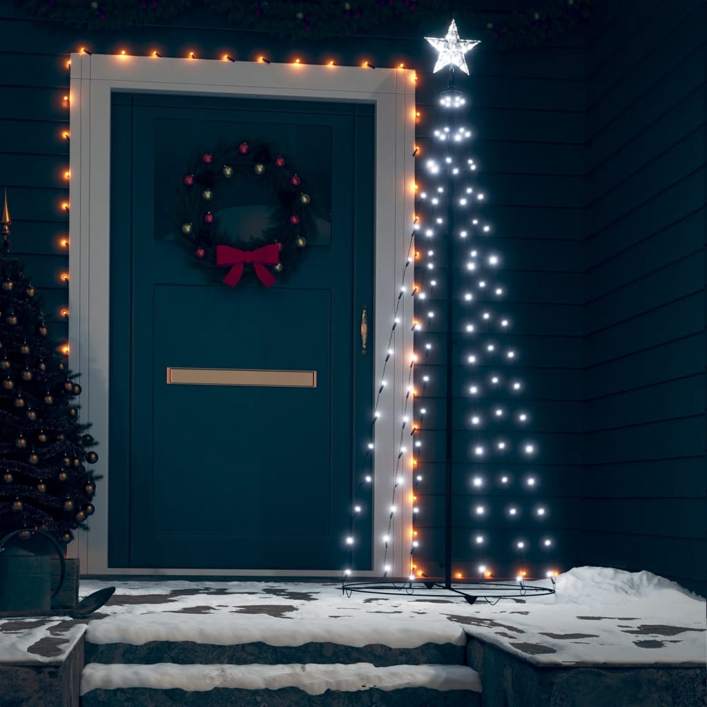 A 2x6 ft white LED Christmas cone tree with 100 cold white lights on a snowy porch.