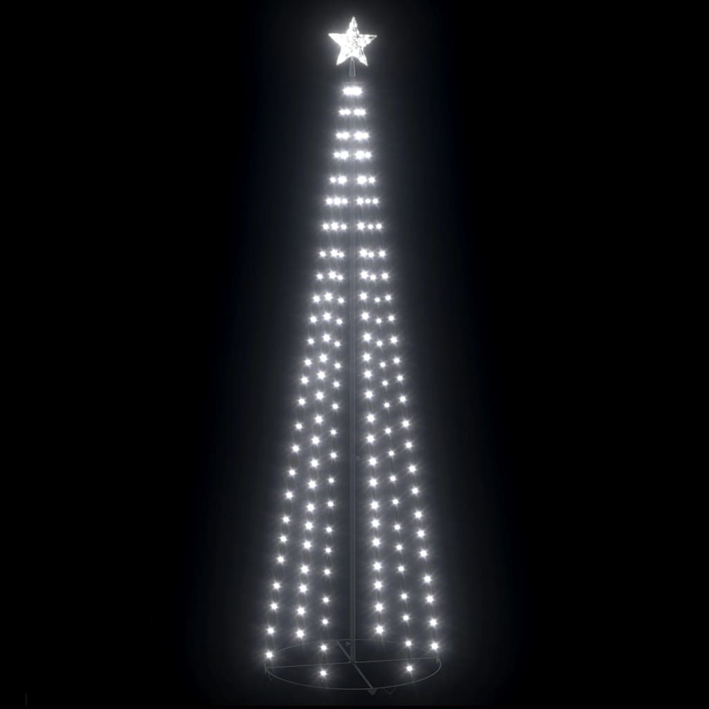 A 2x8 ft white LED Christmas cone tree with 136 cold white lights and a star top.