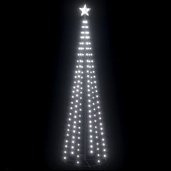 A 2x8 ft white LED Christmas cone tree with 136 cold white lights and a star top.
