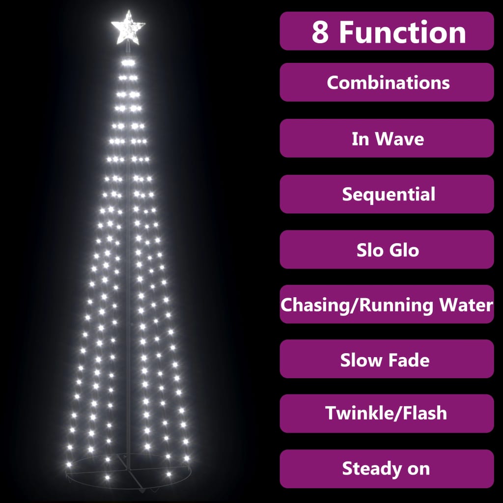 2x8 ft Christmas cone tree with 136 cold white LEDs and 8 lighting functions.