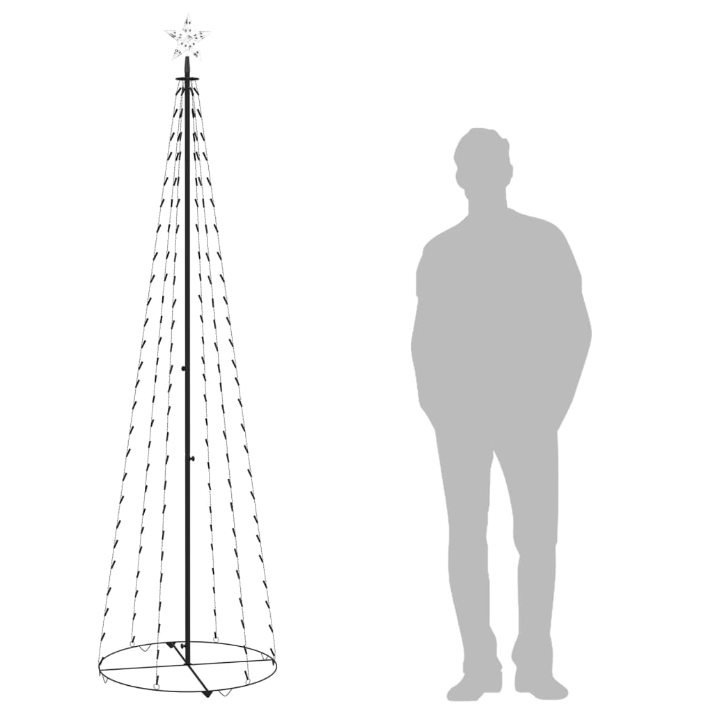 8 ft tall cone tree with 136 cold white LEDs and a star topper next to a person silhouette