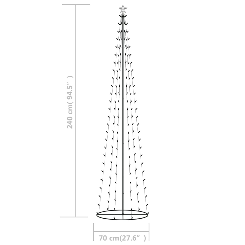 A 2x8 ft cone-shaped Christmas tree with 136 cold white LEDs and height markings.