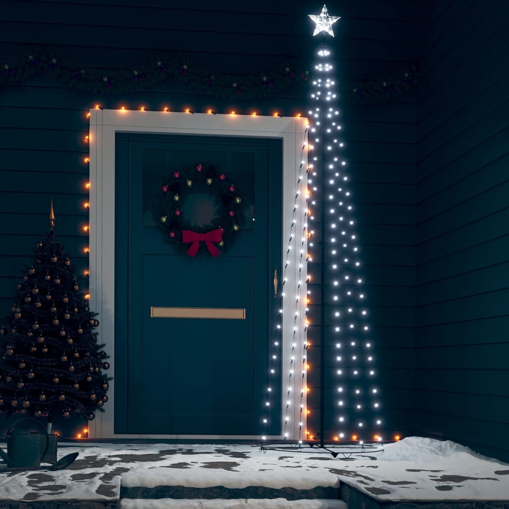 Two 8-foot cone trees with 136 cold white LEDs and star toppers for holiday decor.