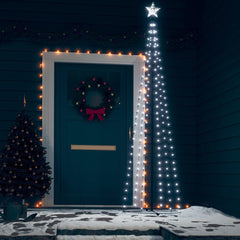 Two 8-foot cone trees with 136 cold white LEDs and star toppers for holiday decor.