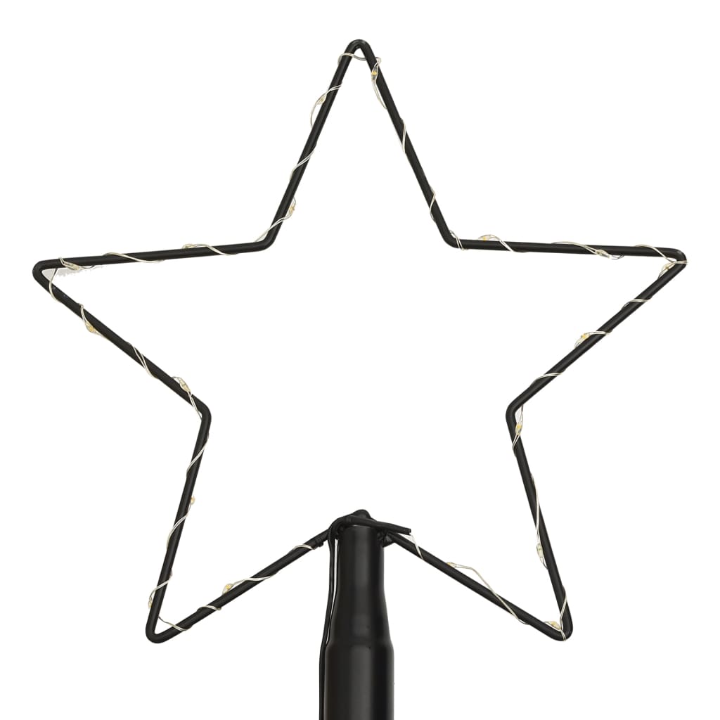 Black star-shaped LED tree topper with wrapped cold white lights and a base stand.