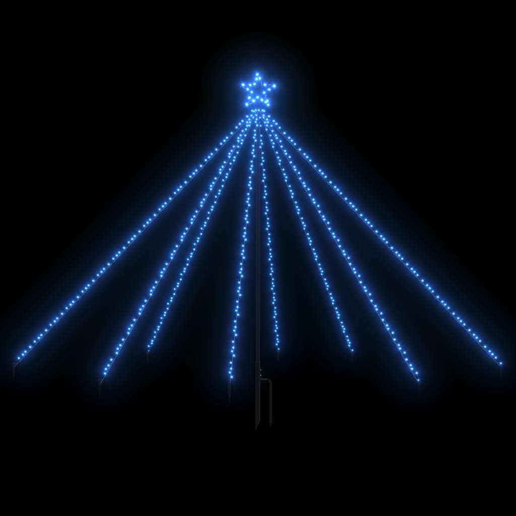 An 8ft blue LED Christmas tree with 400 lights and a star topper on a metal stand.