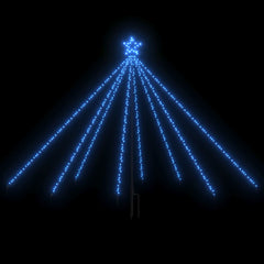 An 8ft blue LED Christmas tree with 400 lights and a star topper on a metal stand.