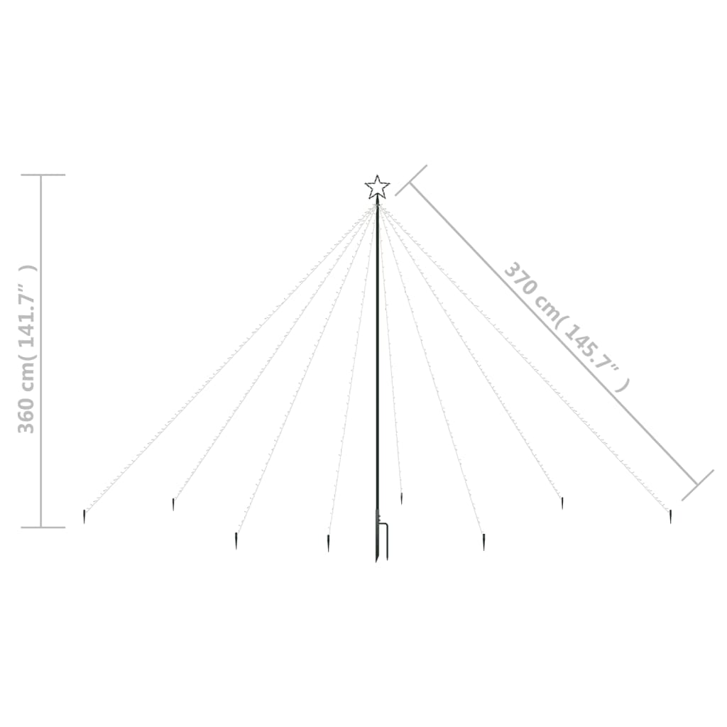 12ft LED Christmas tree with 576 cold white lights and dimensions shown in diagram.