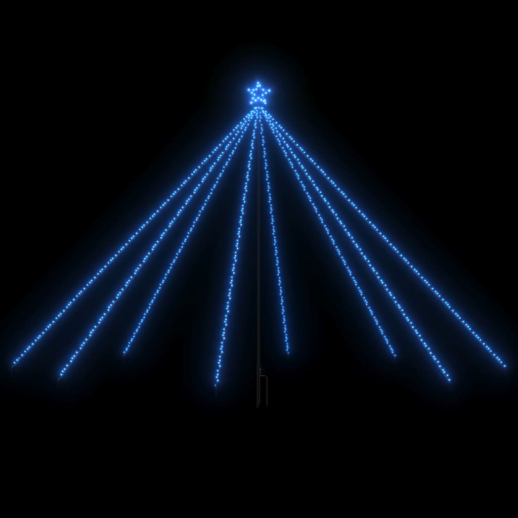 A 12-foot blue LED Christmas tree with a star topper and eight cascading light strands.