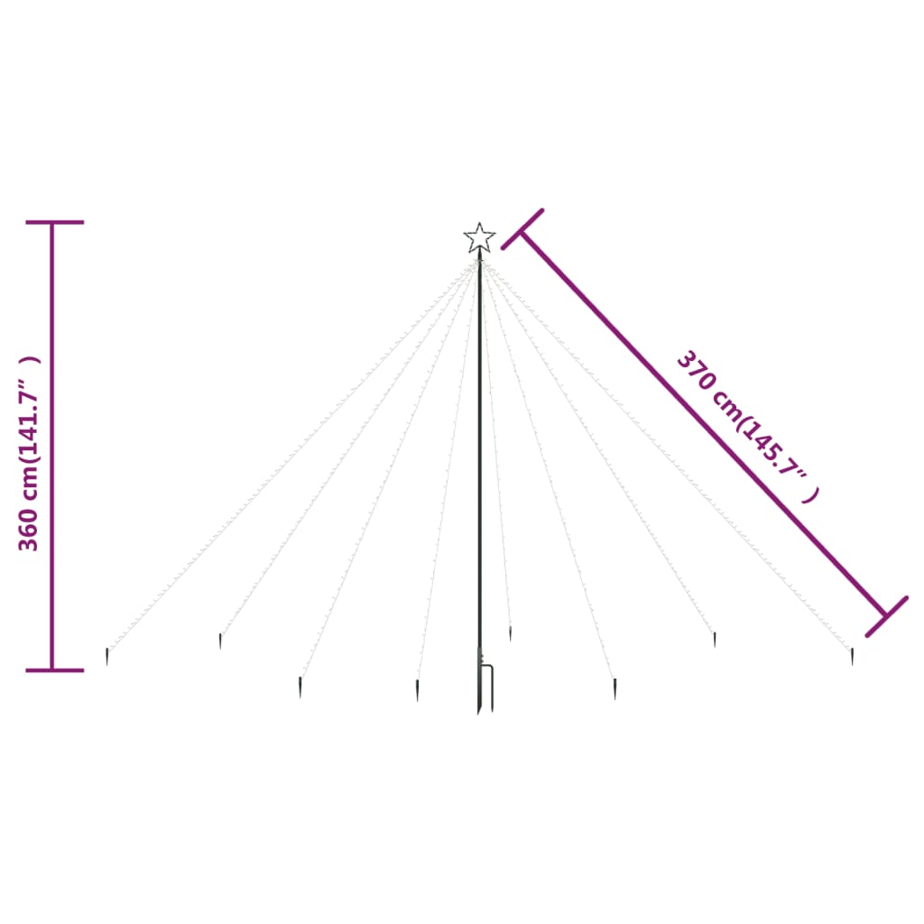 Diagram of a 12-foot LED Christmas tree with 576 colorful LEDs, showing 360 cm height and 370 cm width.