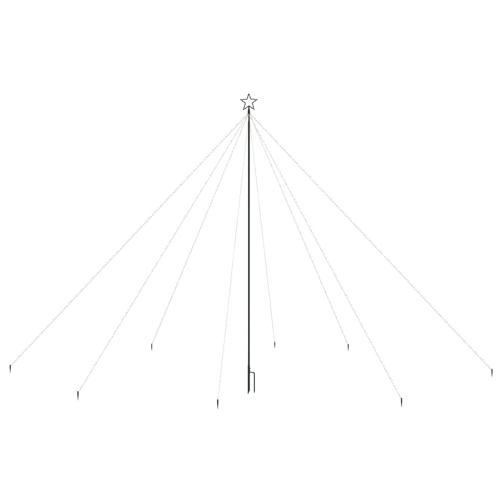 16ft blue LED Christmas tree with 800 LEDs on 8 strands, fold-flat frame, and ground stakes.