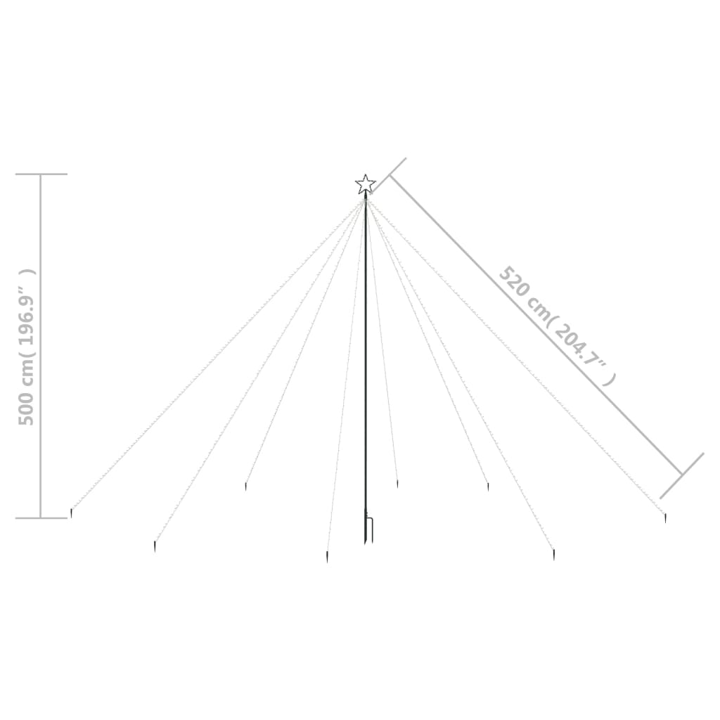 A diagram showing the dimensions of a Christmas tree with a height of 500 cm (196.9") and a diagonal length of 520 cm (204.7").