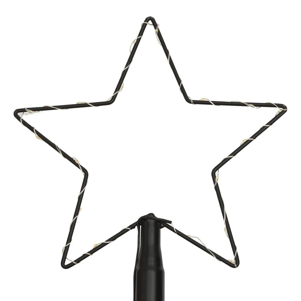 Black star-shaped LED tree topper frame with wrapped colorful LED lights.
