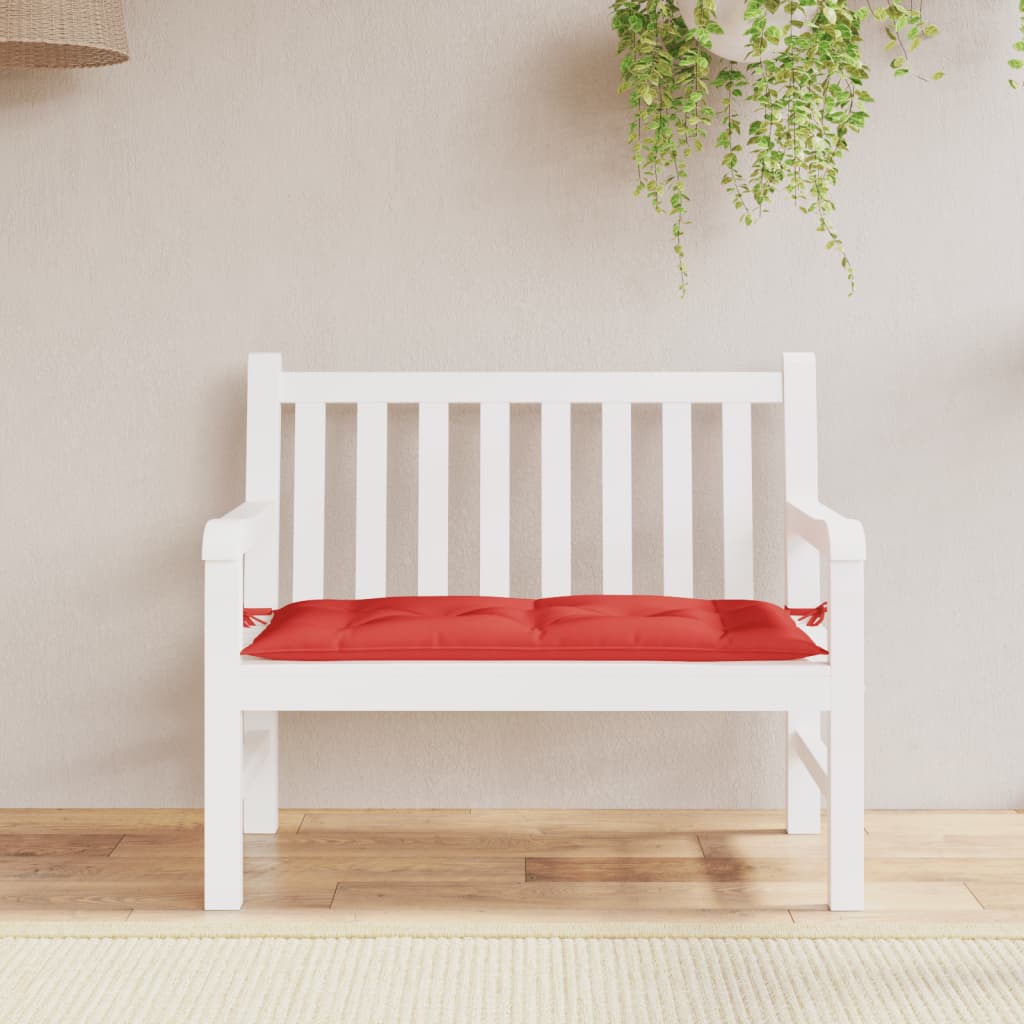 Red Oxford fabric garden bench cushion, 43.3x19.7x2.8 inches, on white bench.