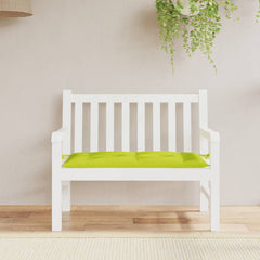 White garden bench with a bright green Oxford fabric cushion measuring 43x20x3 inches.