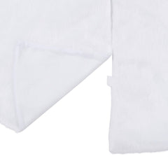 White faux fur Christmas tree skirt, 48 inches in diameter, shown folded.