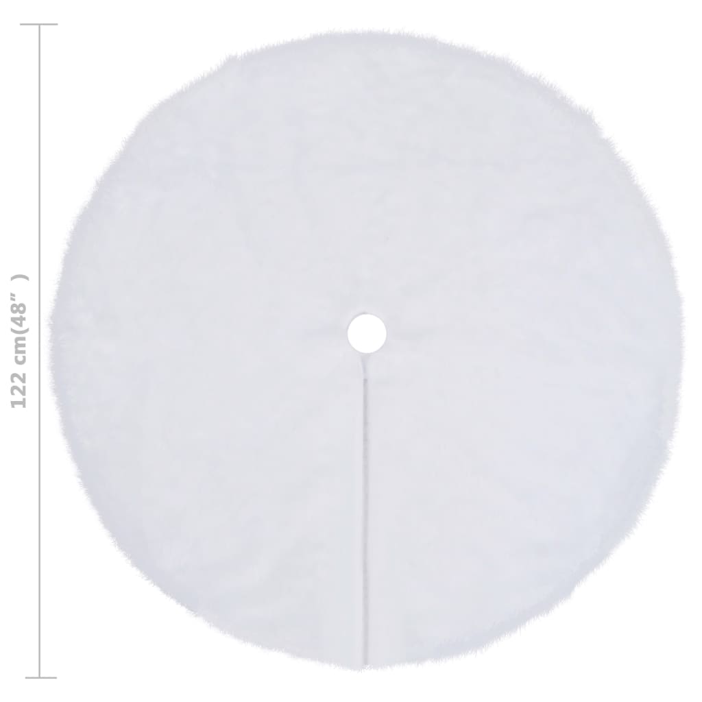 White faux fur Christmas tree skirt, 48 inches in diameter with a 4-inch center hole.