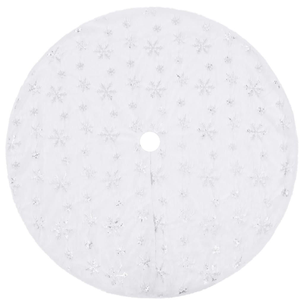 White faux fur Christmas tree skirt with snowflake sequins, 48 inches.