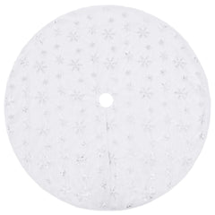 White faux fur Christmas tree skirt with snowflake sequins, 48 inches.