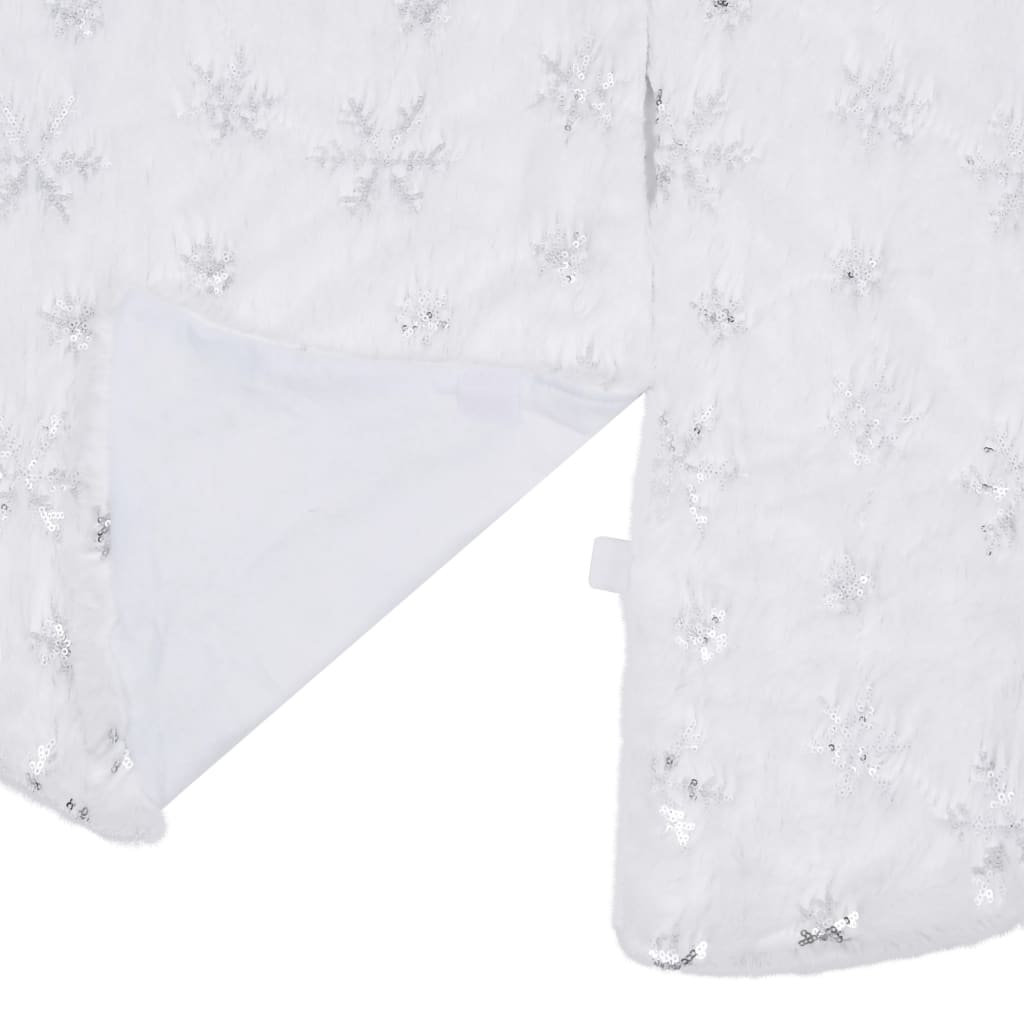 White faux fur Christmas tree skirt with snowflake sequins, 48 inches wide.