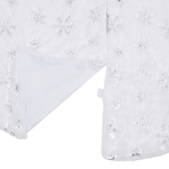 White faux fur Christmas tree skirt with snowflake sequins, 48 inches wide.