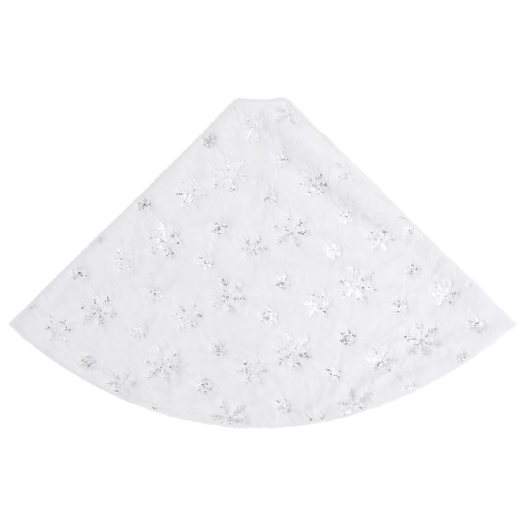 White faux fur Christmas tree skirt with silver snowflake sequins, 48 inches diameter.
