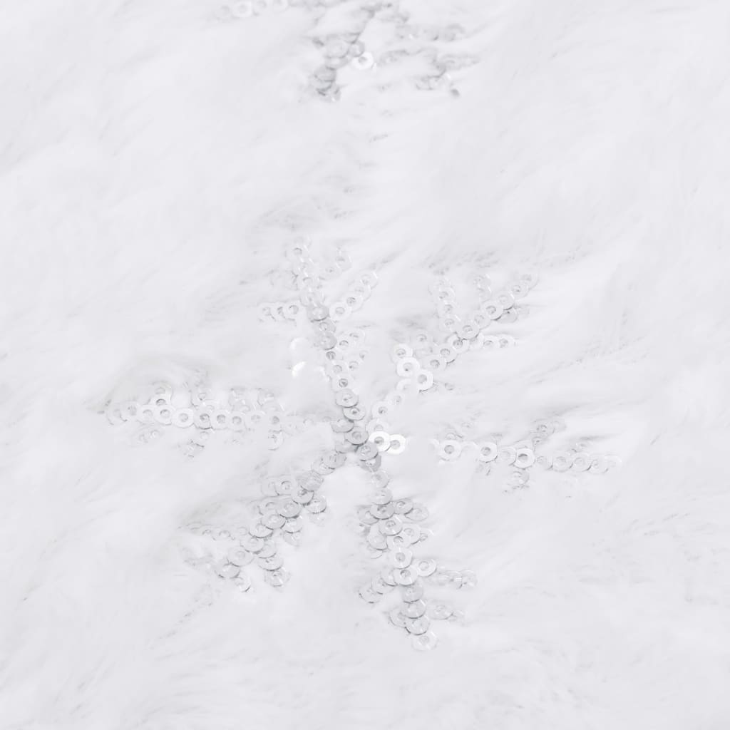White faux fur Christmas tree skirt with snowflake sequin embroidery, 48 inches.