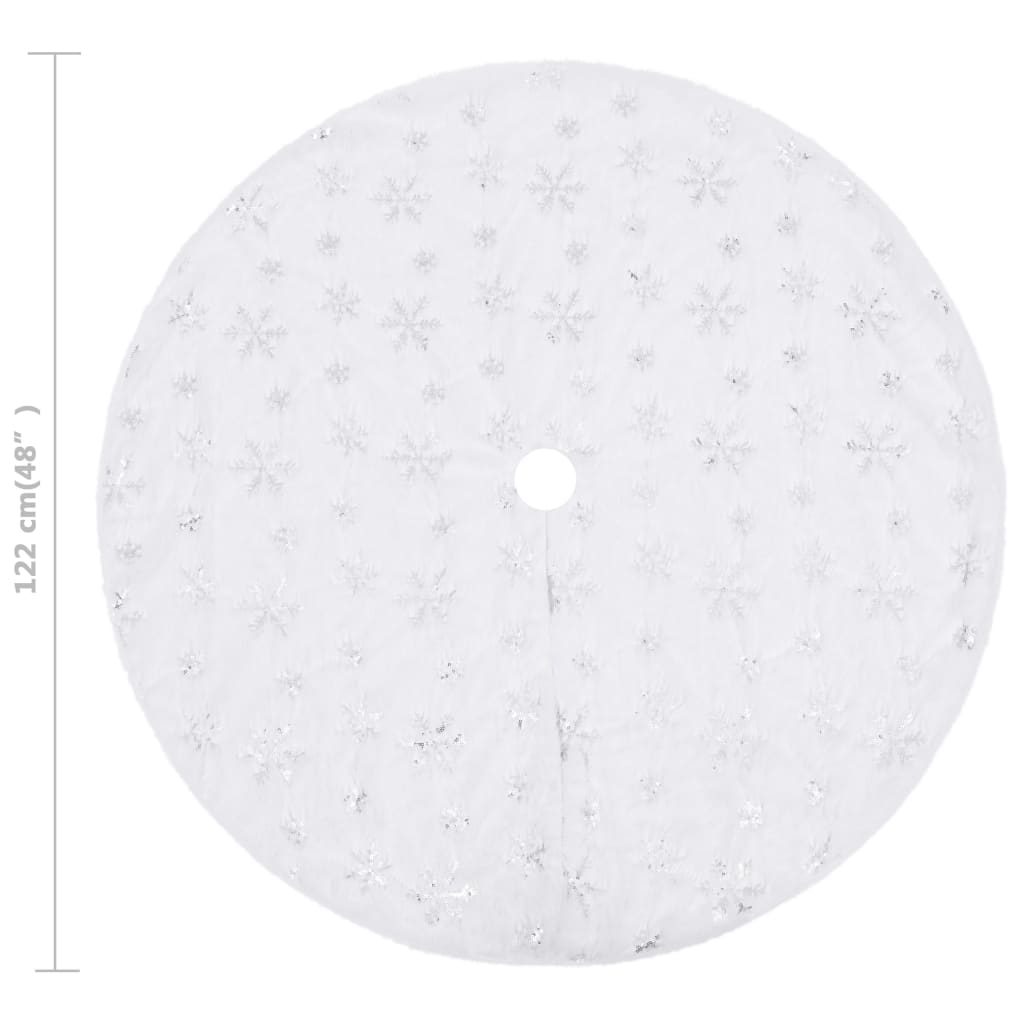 48-inch white faux fur Christmas tree skirt with snowflake sequins.