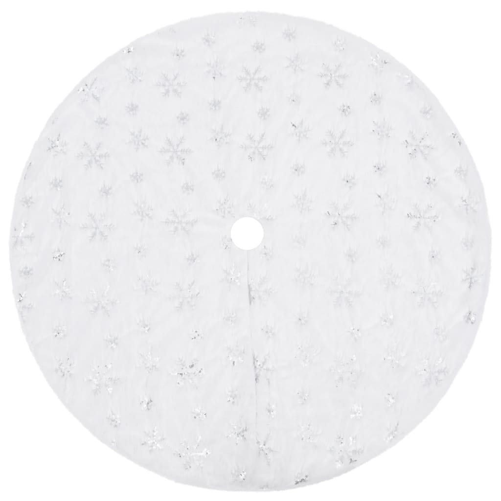 White faux fur Christmas tree skirt, 59 inches, with snowflake sequins.