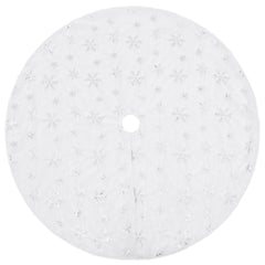 White faux fur Christmas tree skirt, 59 inches, with snowflake sequins.