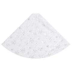 White faux fur Christmas tree skirt with embroidered silver snowflakes, 59 inches diameter.