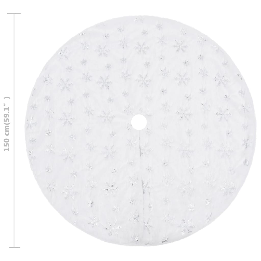 White faux fur Christmas tree skirt, 59 inches wide with snowflake sequins.