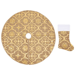Yellow 5 ft polyester Christmas tree skirt with snowflake pattern and matching sock.