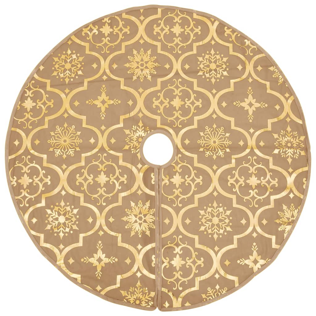 Yellow 5 ft polyester Christmas tree skirt with snowflake pattern and matching sock.