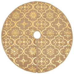 Yellow 5 ft polyester Christmas tree skirt with snowflake pattern and matching sock.