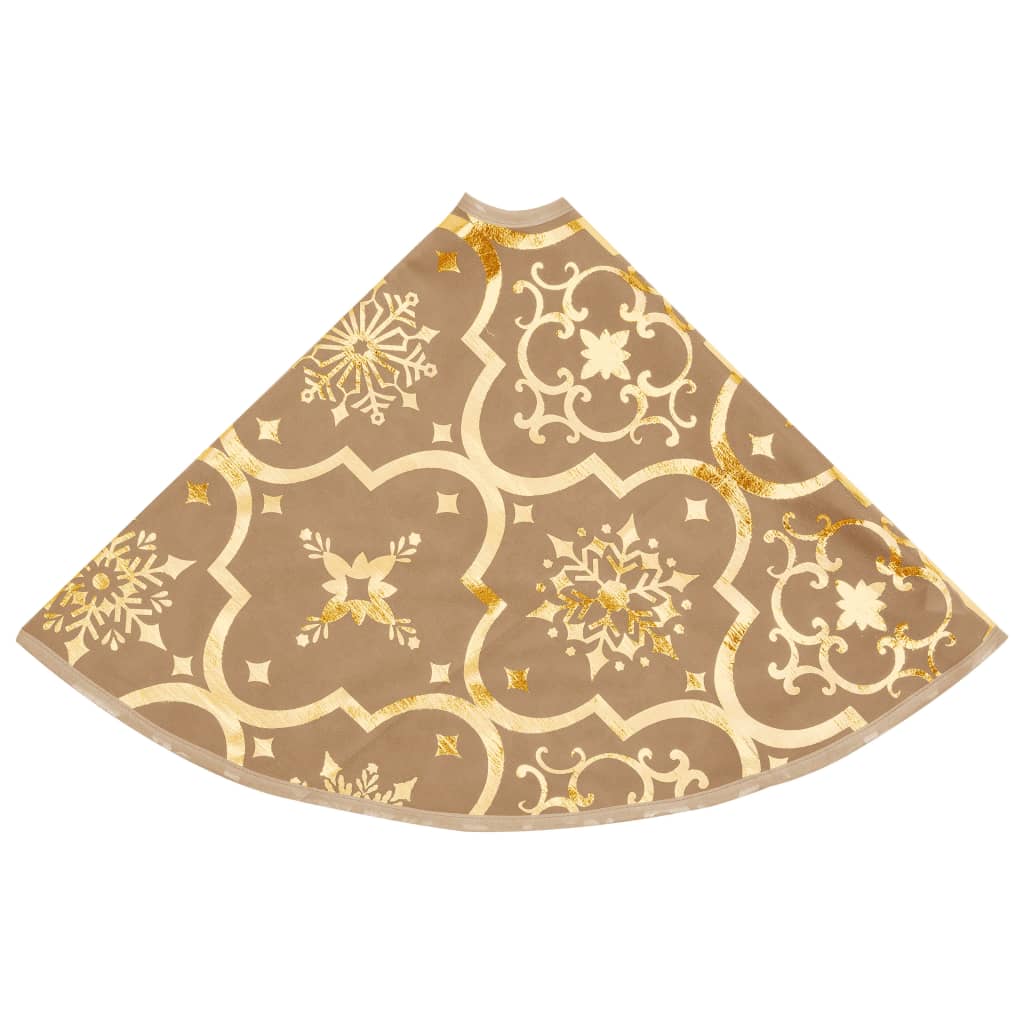 Yellow 5 ft polyester Christmas tree skirt with snowflake pattern and matching sock.