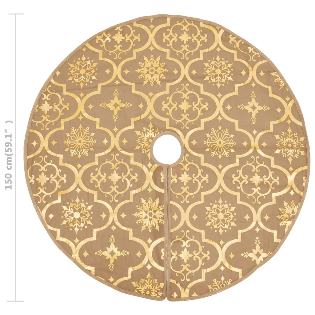 Yellow 5 ft polyester Christmas tree skirt with geometric gold pattern and matching sock.