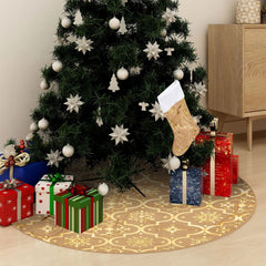 Yellow 5 ft polyester Christmas tree skirt with matching sock, under a decorated tree with gifts.