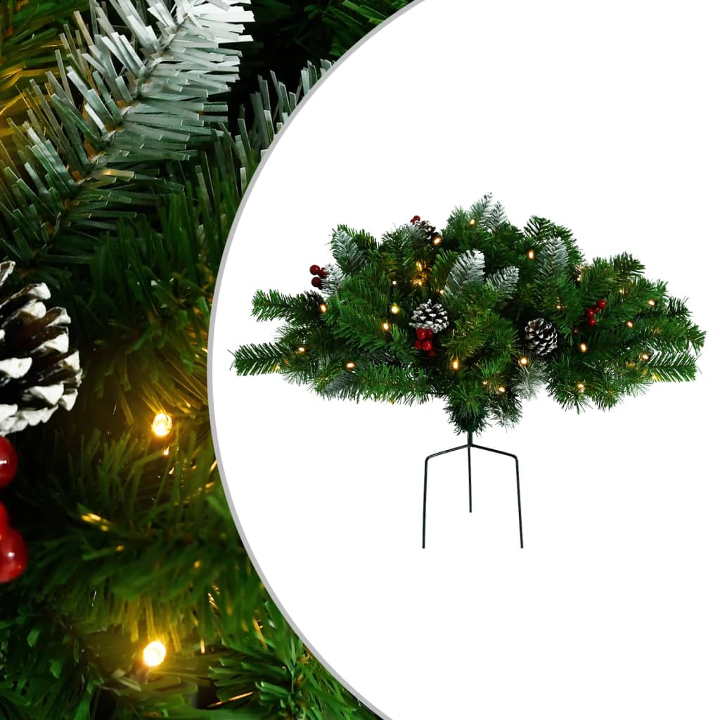 A 15.7-inch pre-lit artificial PVC Christmas pathway tree in green with berries, pinecones, and LED lights on a metal spike.