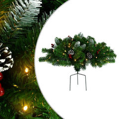 A 15.7-inch pre-lit artificial PVC Christmas pathway tree in green with berries, pinecones, and LED lights on a metal spike.