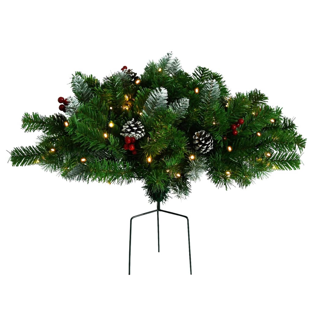 A 15.7-inch pre-lit artificial green PVC Christmas pathway tree with berries, pinecones, and LED lights on a metal spike.